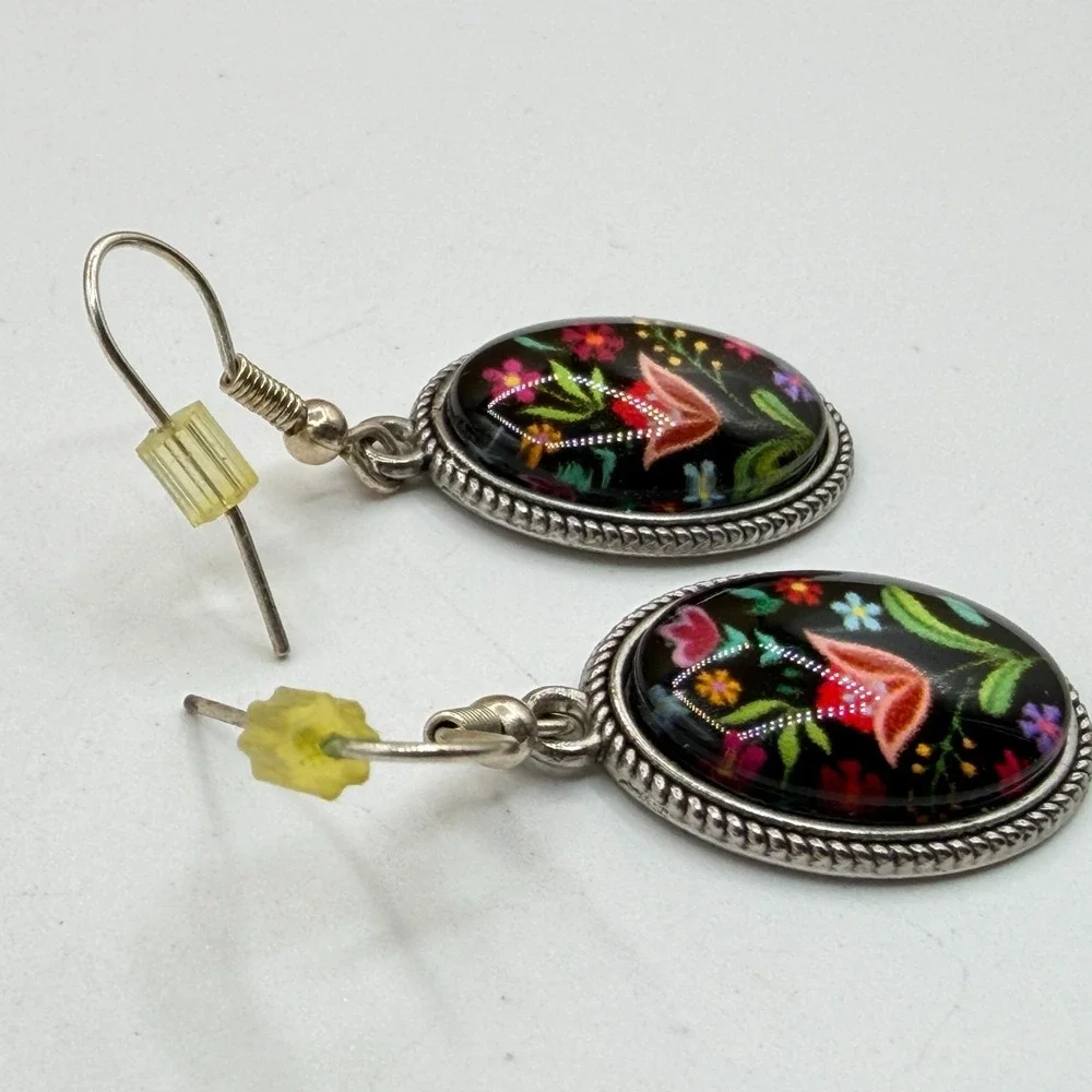 Floral Folk Art Earrings Black Multicolor Flower Oval Silver Tone Dangle Pair